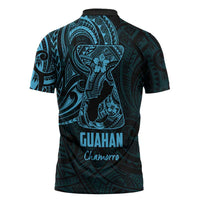 Blue Guam Latte Stone Tribal Tattoo Zipper Polo Shirt Hafa Adai Six 7 One - Polynesian Pride