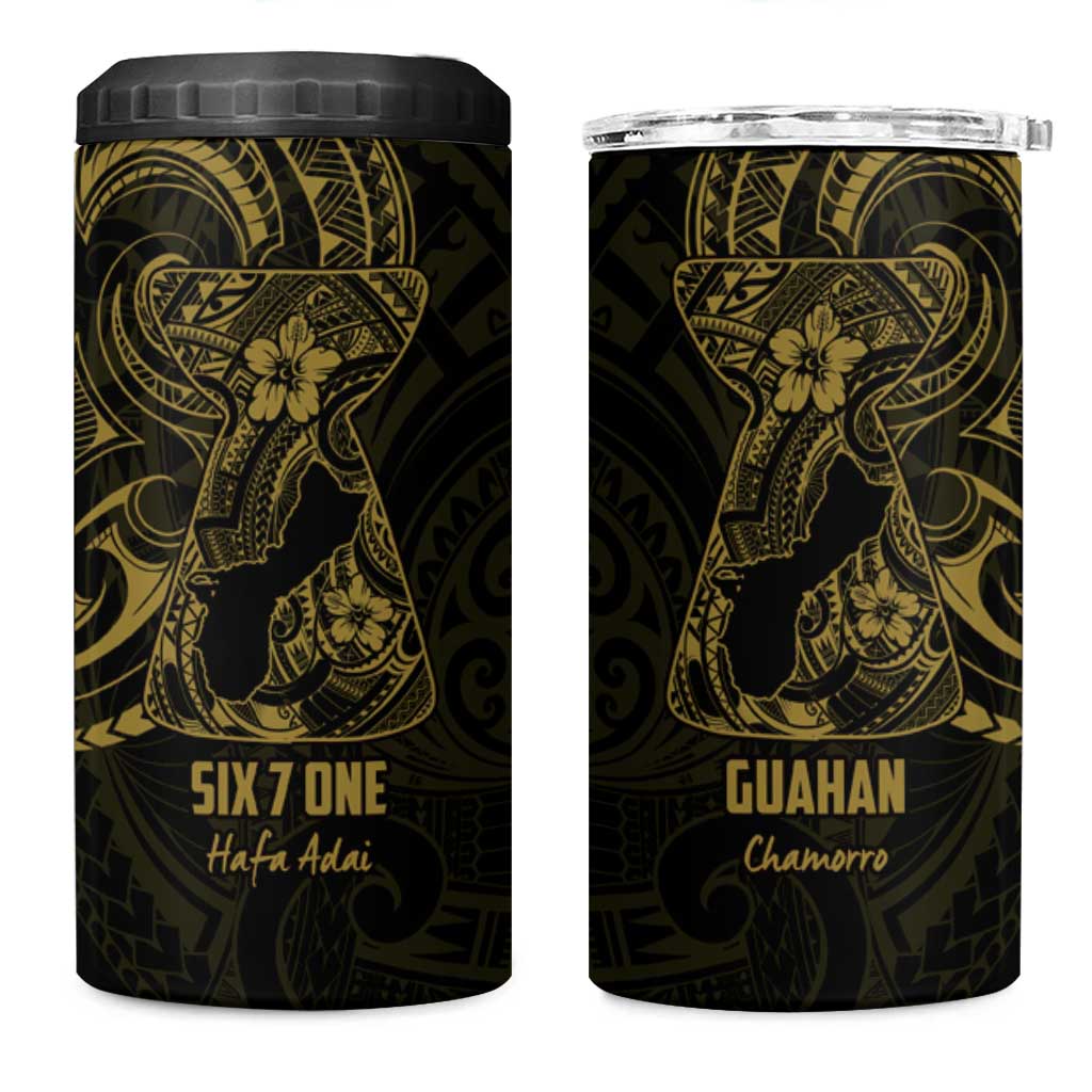Gold Guam Latte Stone Tribal Tattoo 4 in 1 Can Cooler Tumbler Hafa Adai Six 7 One