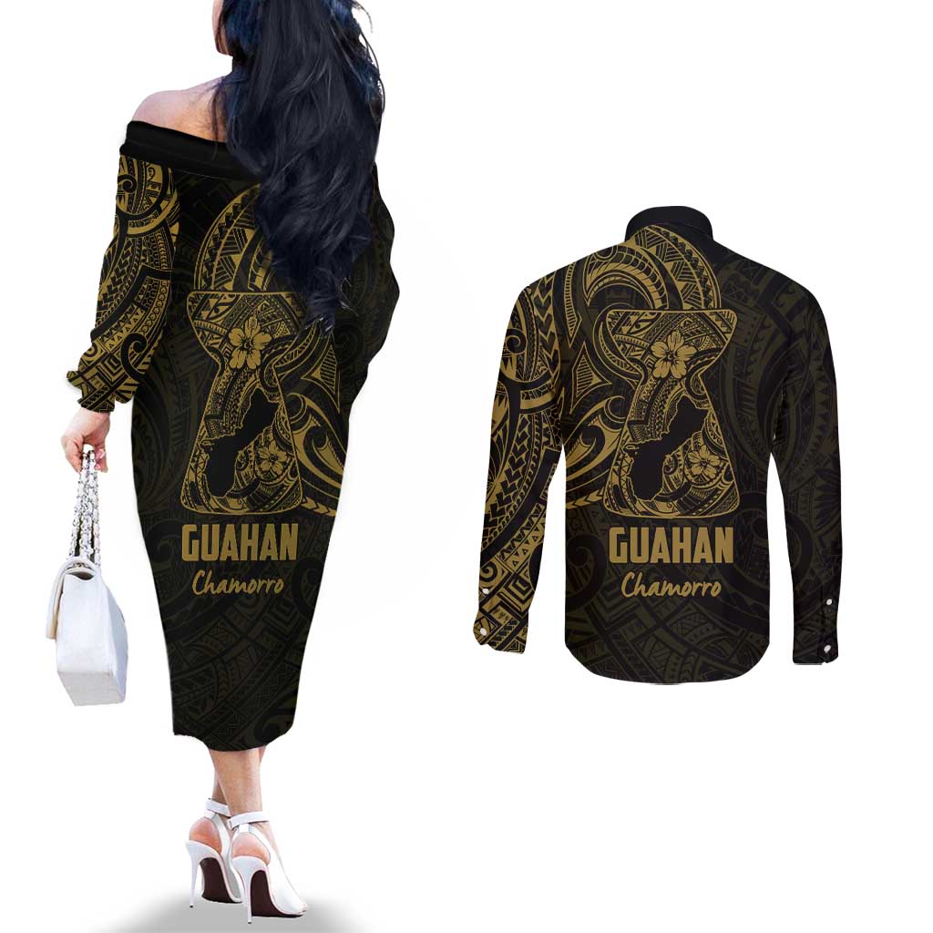 Gold Guam Latte Stone Tribal Tattoo Couples Matching Off The Shoulder Long Sleeve Dress and Long Sleeve Button Shirt Hafa Adai Six 7 One