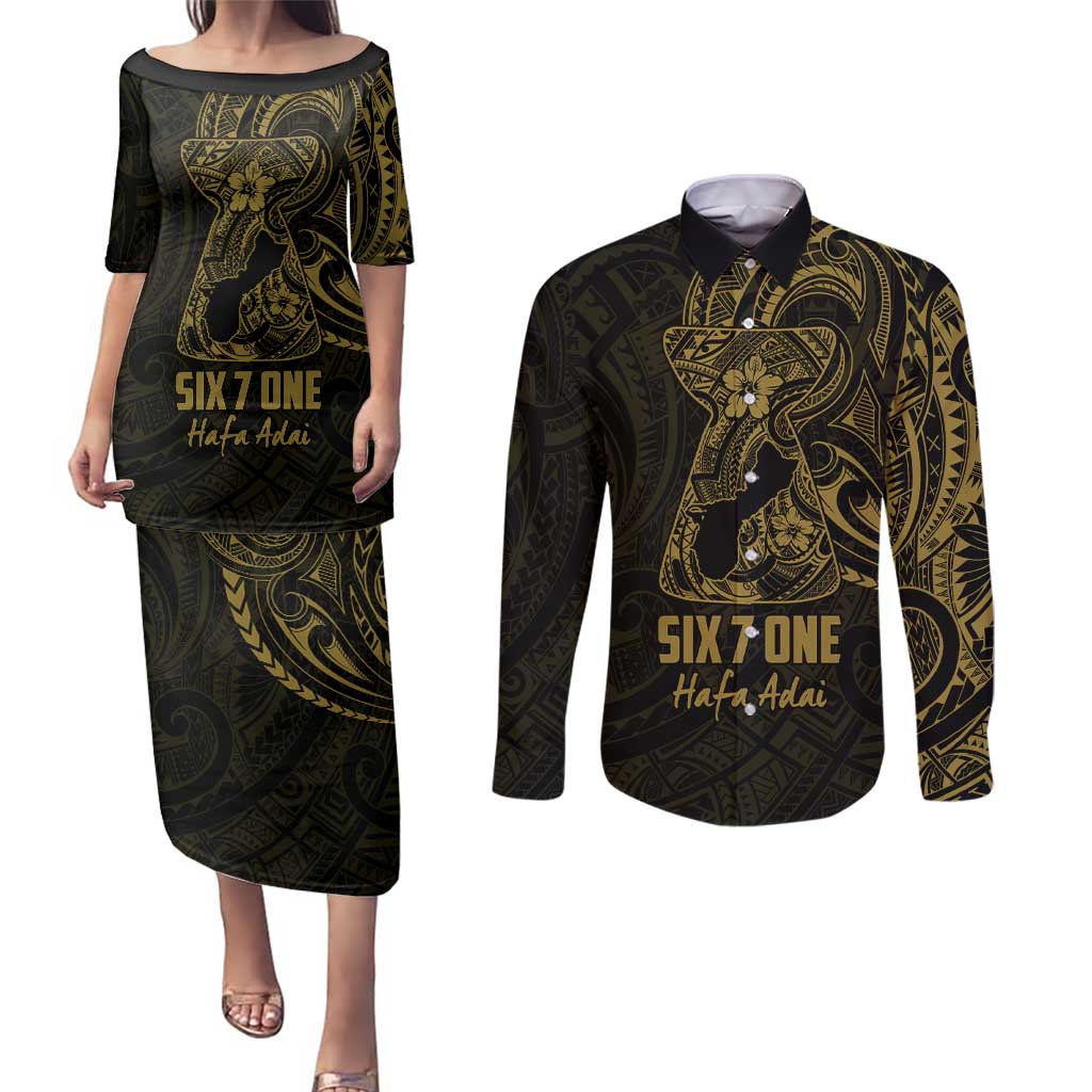 Gold Guam Latte Stone Tribal Tattoo Couples Matching Puletasi and Long Sleeve Button Shirt Hafa Adai Six 7 One