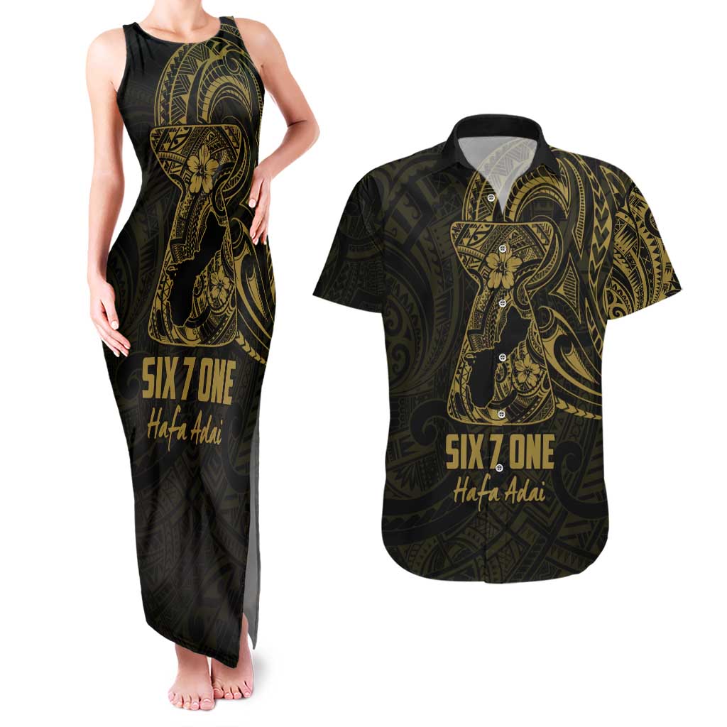 Gold Guam Latte Stone Tribal Tattoo Couples Matching Tank Maxi Dress and Hawaiian Shirt Hafa Adai Six 7 One
