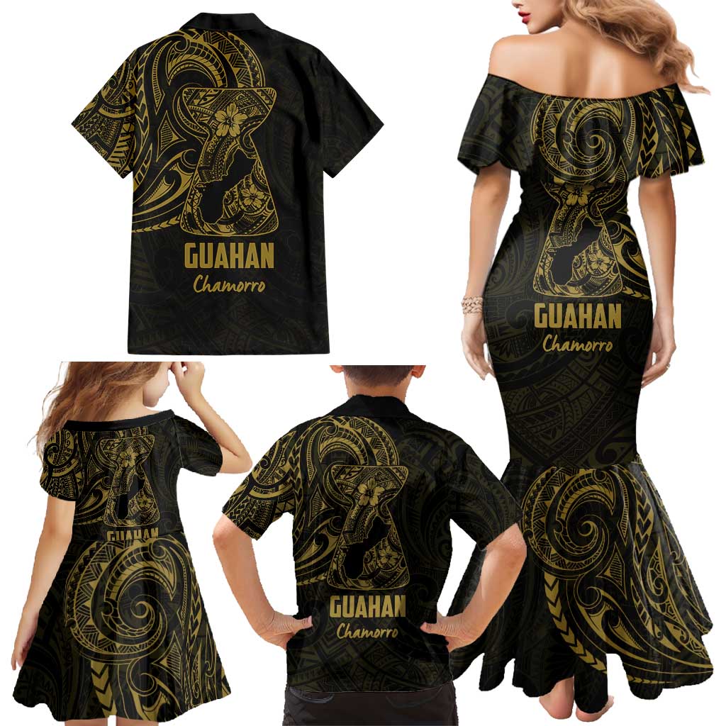 Gold Guam Latte Stone Tribal Tattoo Family Matching Mermaid Dress and Hawaiian Shirt Hafa Adai Six 7 One