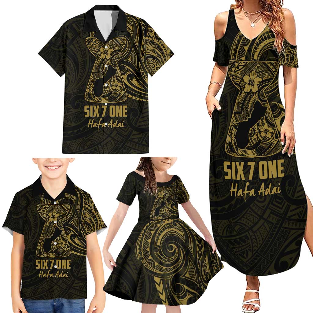 Gold Guam Latte Stone Tribal Tattoo Family Matching Summer Maxi Dress and Hawaiian Shirt Hafa Adai Six 7 One