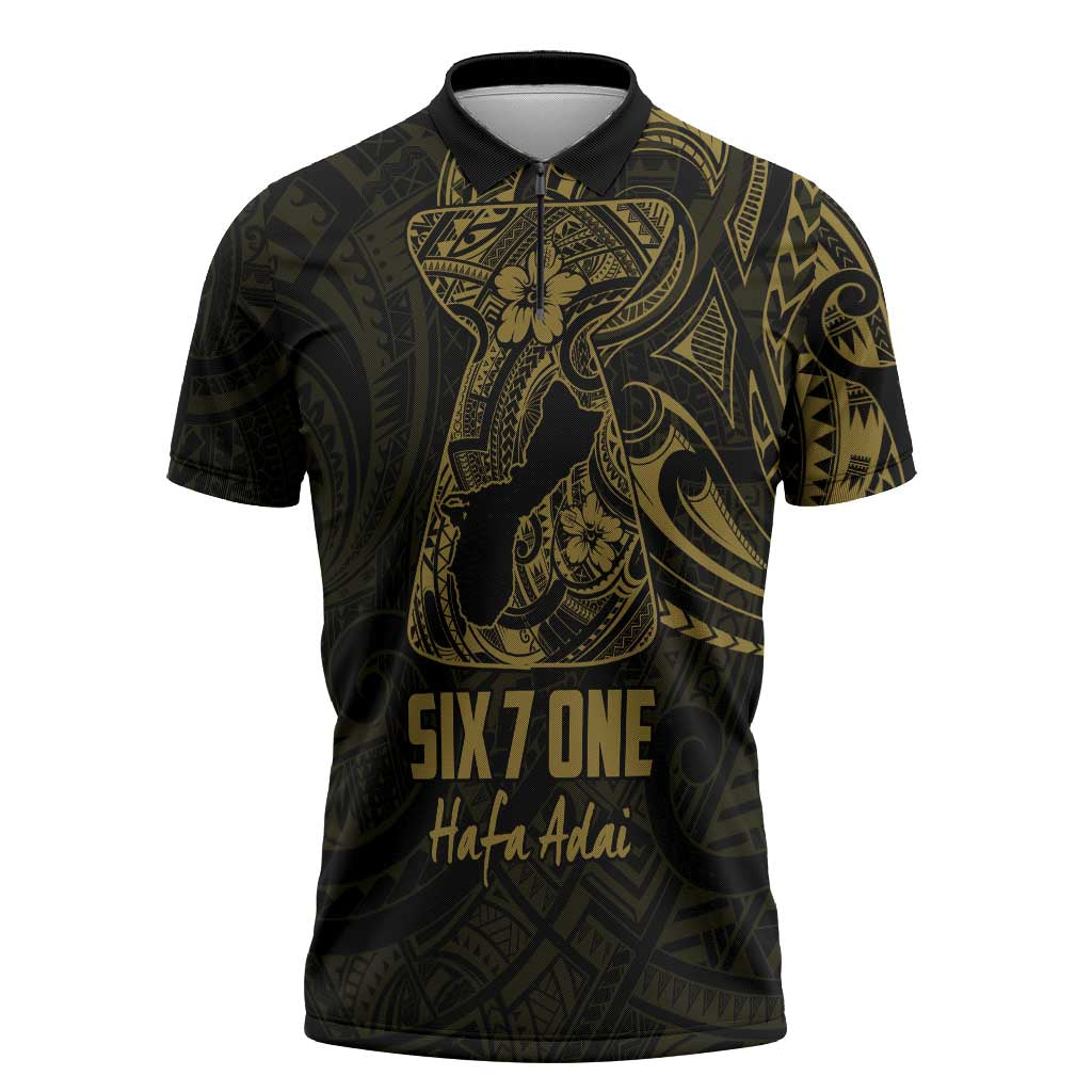 Gold Guam Latte Stone Tribal Tattoo Zipper Polo Shirt Hafa Adai Six 7 One - Polynesian Pride