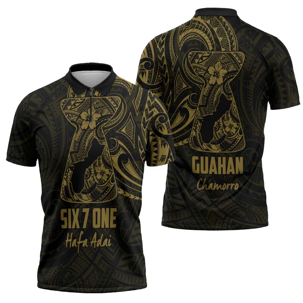 Gold Guam Latte Stone Tribal Tattoo Zipper Polo Shirt Hafa Adai Six 7 One - Polynesian Pride