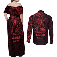 Oxblood Guam Latte Stone Tribal Tattoo Couples Matching Off Shoulder Maxi Dress and Long Sleeve Button Shirt Hafa Adai Six 7 One