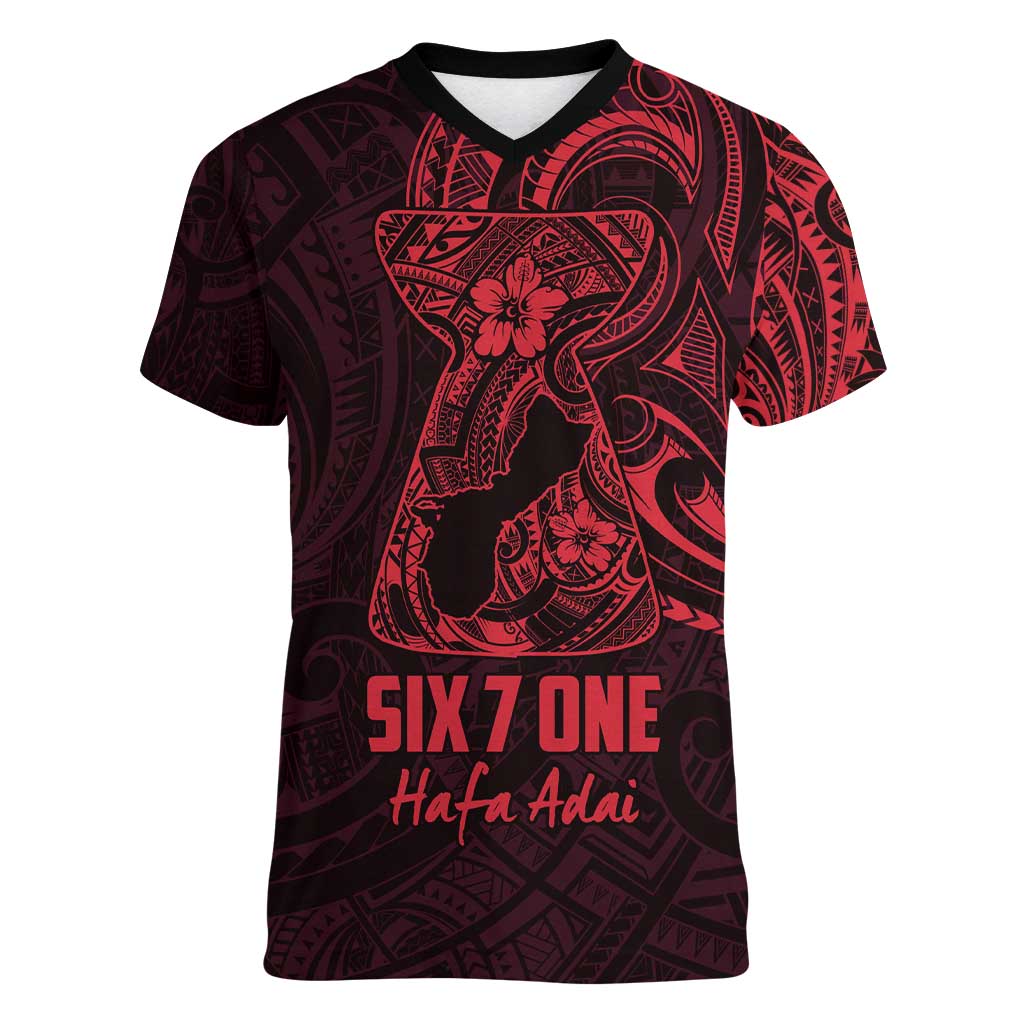 Oxblood Guam Latte Stone Tribal Tattoo Women V-Neck T-Shirt Hafa Adai Six 7 One