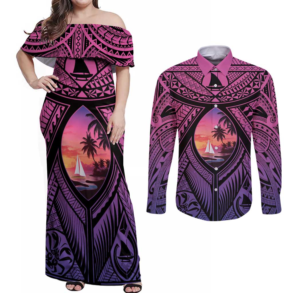Guam Chamorro Artsy Couples Matching Off Shoulder Maxi Dress and Long Sleeve Button Shirt Guahan Sunset Beach