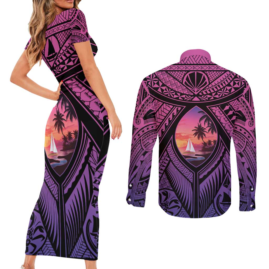 Guam Chamorro Artsy Couples Matching Short Sleeve Bodycon Dress and Long Sleeve Button Shirt Guahan Sunset Beach