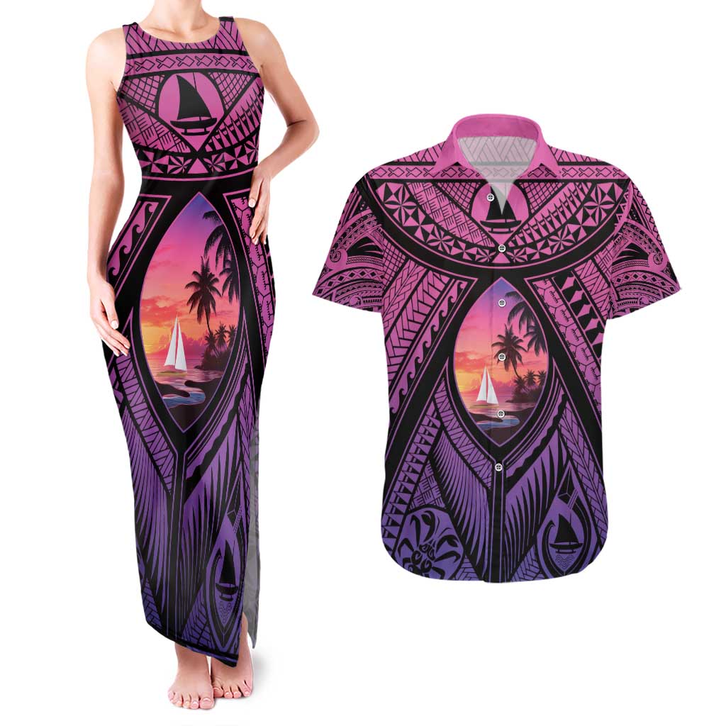 Guam Chamorro Artsy Couples Matching Tank Maxi Dress and Hawaiian Shirt Guahan Sunset Beach