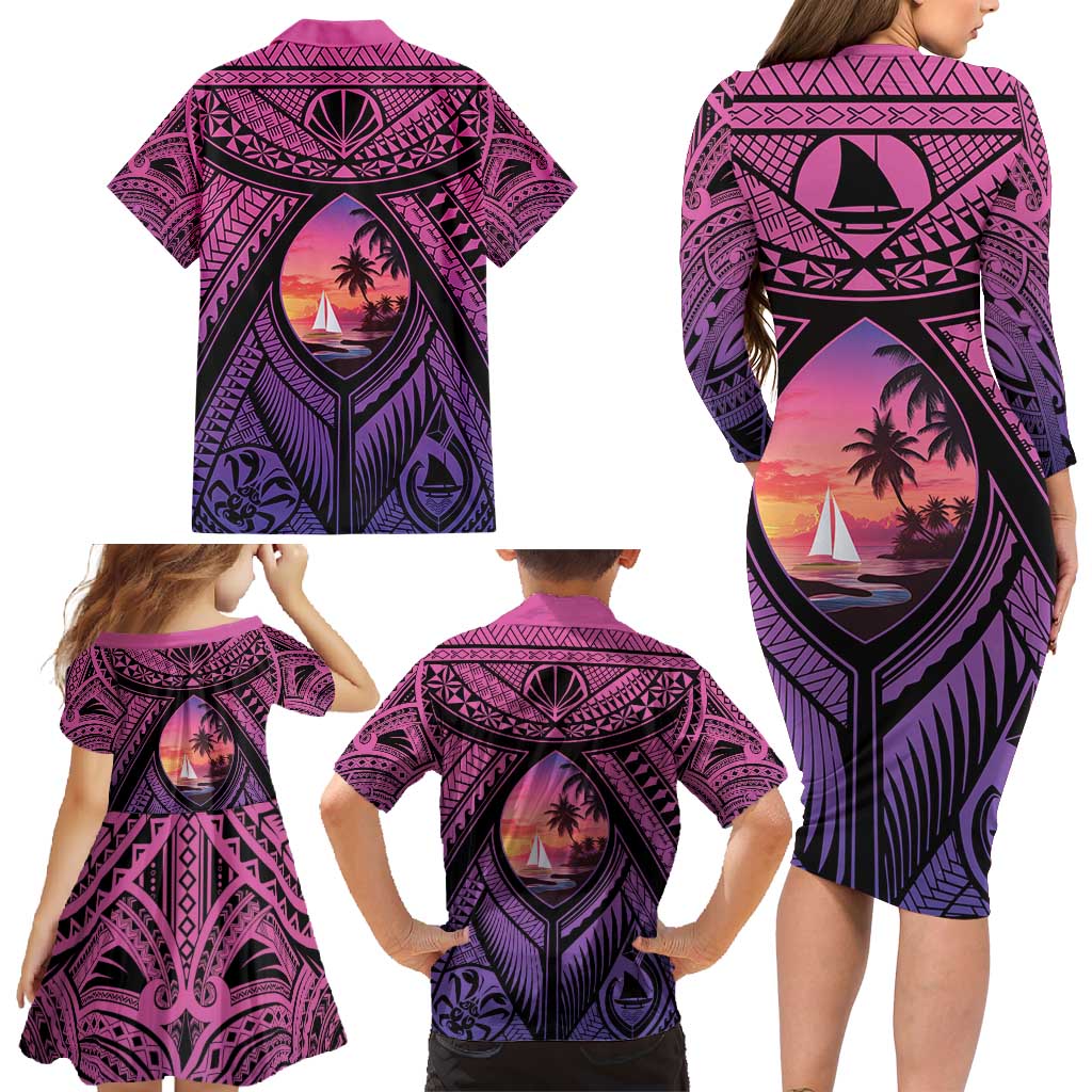 Guam Chamorro Artsy Family Matching Long Sleeve Bodycon Dress and Hawaiian Shirt Guahan Sunset Beach