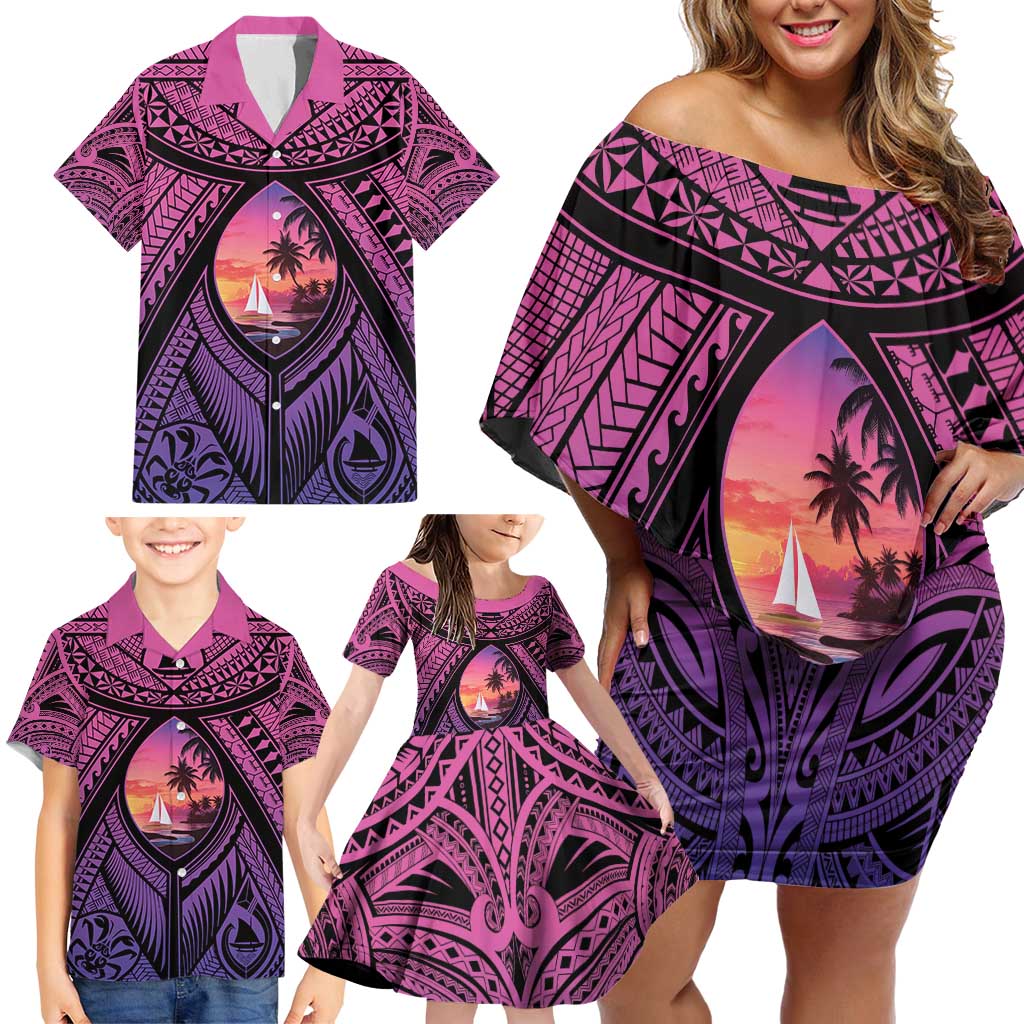 Guam Chamorro Artsy Family Matching Off Shoulder Short Dress and Hawaiian Shirt Guahan Sunset Beach