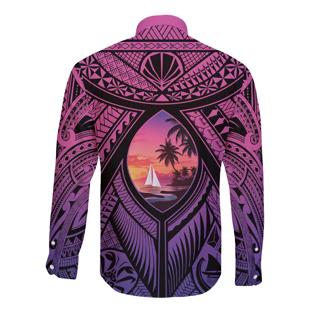 Guam Chamorro Artsy Long Sleeve Button Shirt Guahan Sunset Beach