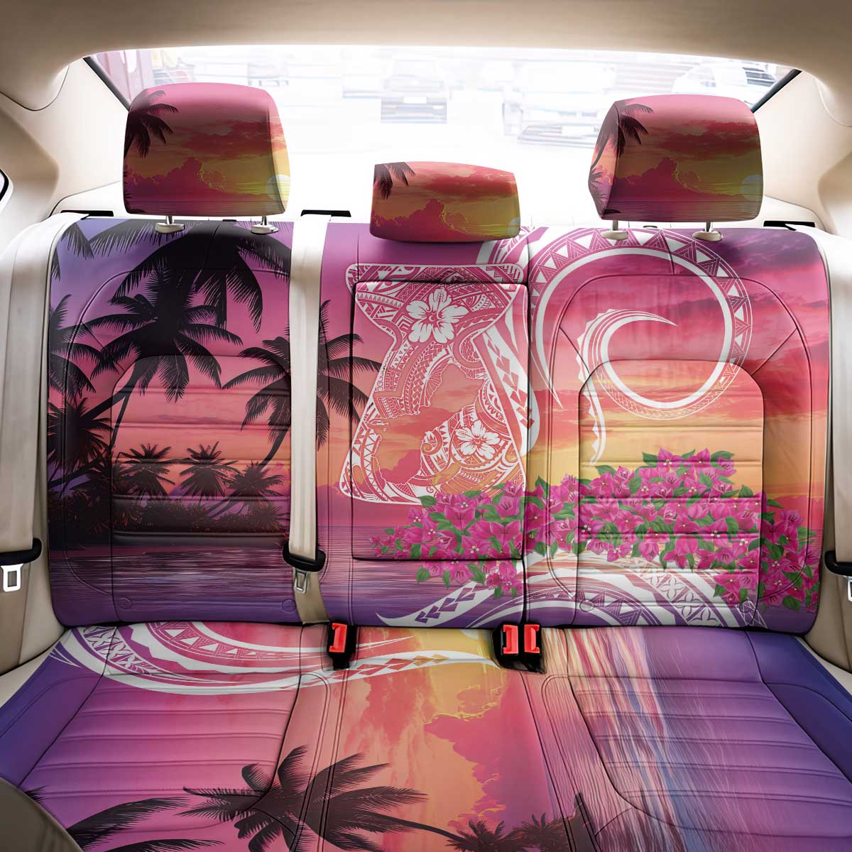 Guam Latte Stone with Map Back Car Seat Cover Bougainvillea Beach Sunset