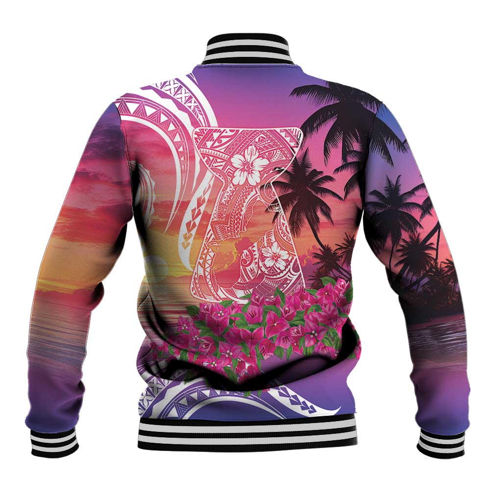 Guam Latte Stone with Map Baseball Jacket Bougainvillea Beach Sunset