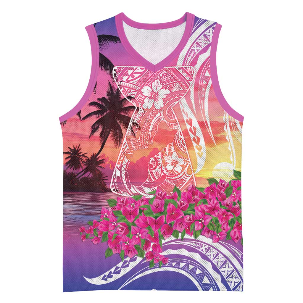 Guam Latte Stone with Map Basketball Jersey Bougainvillea Beach Sunset - Polynesian Pride