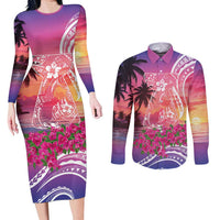Guam Latte Stone with Map Couples Matching Long Sleeve Bodycon Dress and Long Sleeve Button Shirt Bougainvillea Beach Sunset
