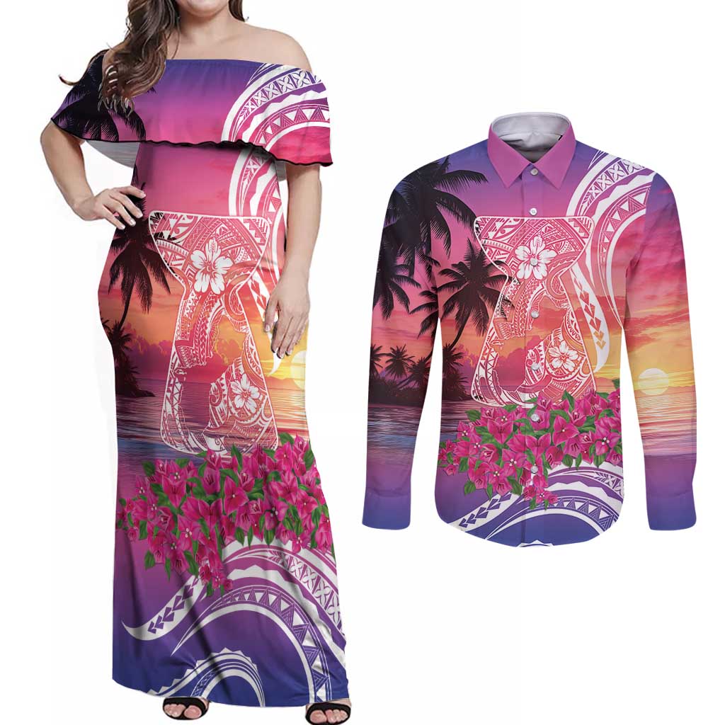 Guam Latte Stone with Map Couples Matching Off Shoulder Maxi Dress and Long Sleeve Button Shirt Bougainvillea Beach Sunset
