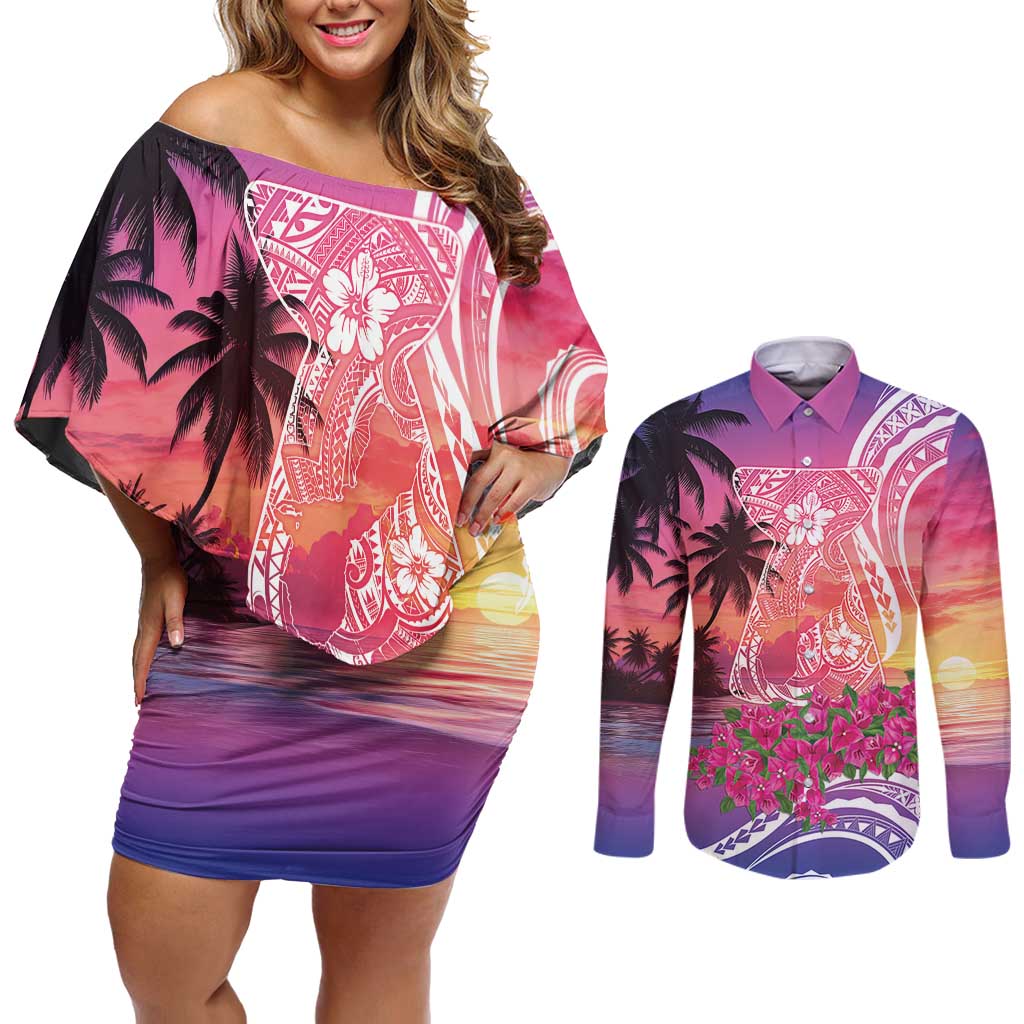 Guam Latte Stone with Map Couples Matching Off Shoulder Short Dress and Long Sleeve Button Shirt Bougainvillea Beach Sunset