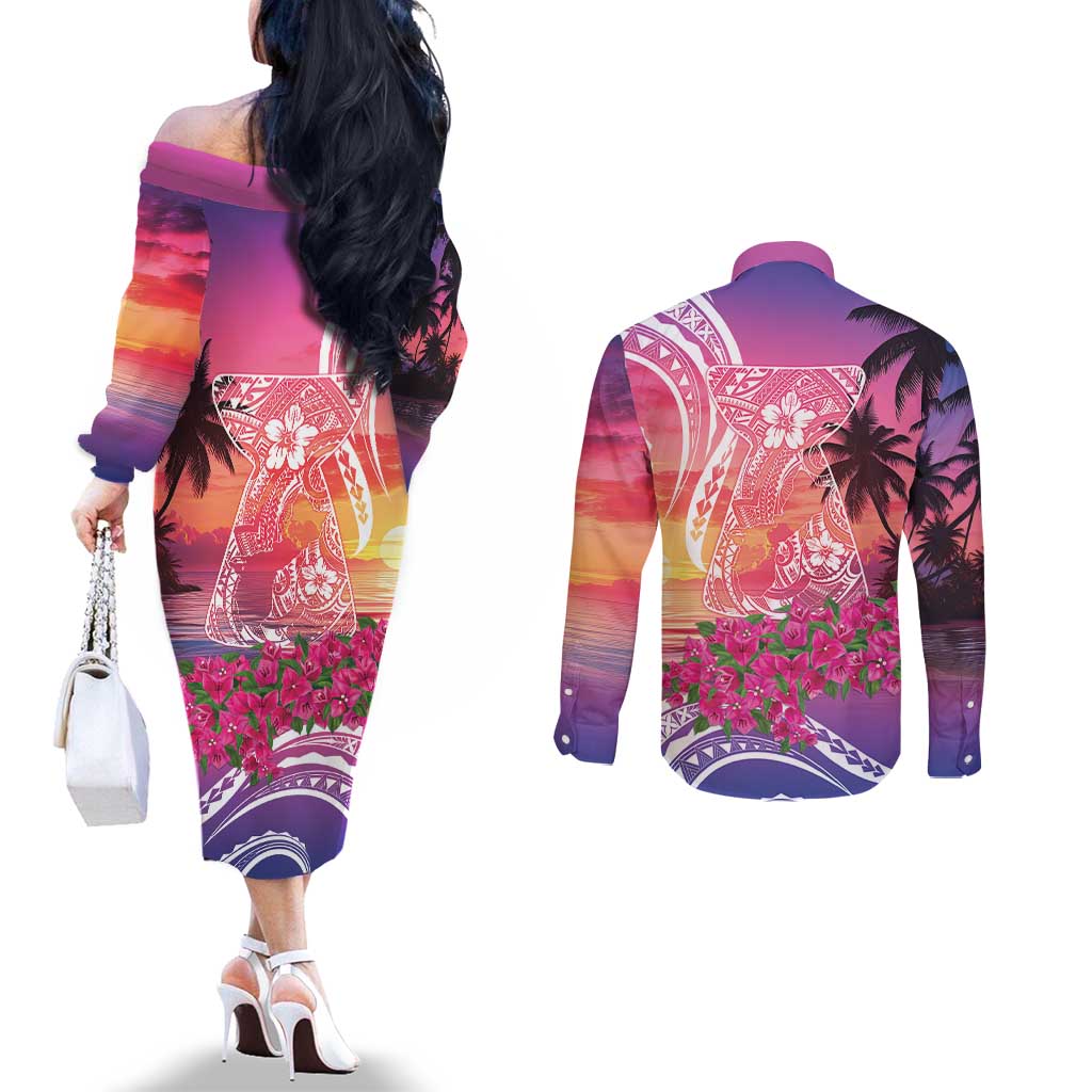 Guam Latte Stone with Map Couples Matching Off The Shoulder Long Sleeve Dress and Long Sleeve Button Shirt Bougainvillea Beach Sunset