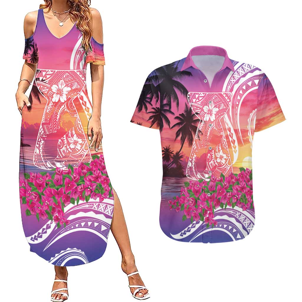 Guam Latte Stone with Map Couples Matching Summer Maxi Dress and Hawaiian Shirt Bougainvillea Beach Sunset