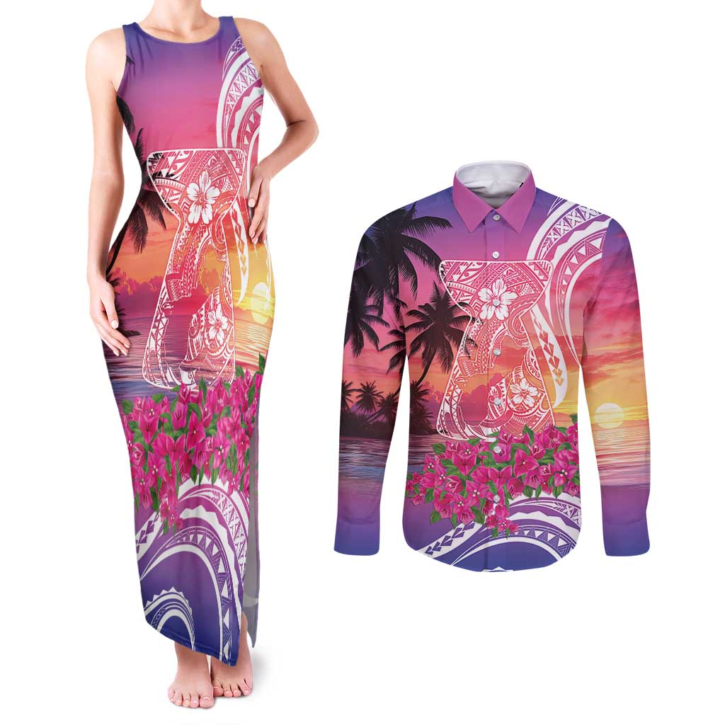 Guam Latte Stone with Map Couples Matching Tank Maxi Dress and Long Sleeve Button Shirt Bougainvillea Beach Sunset