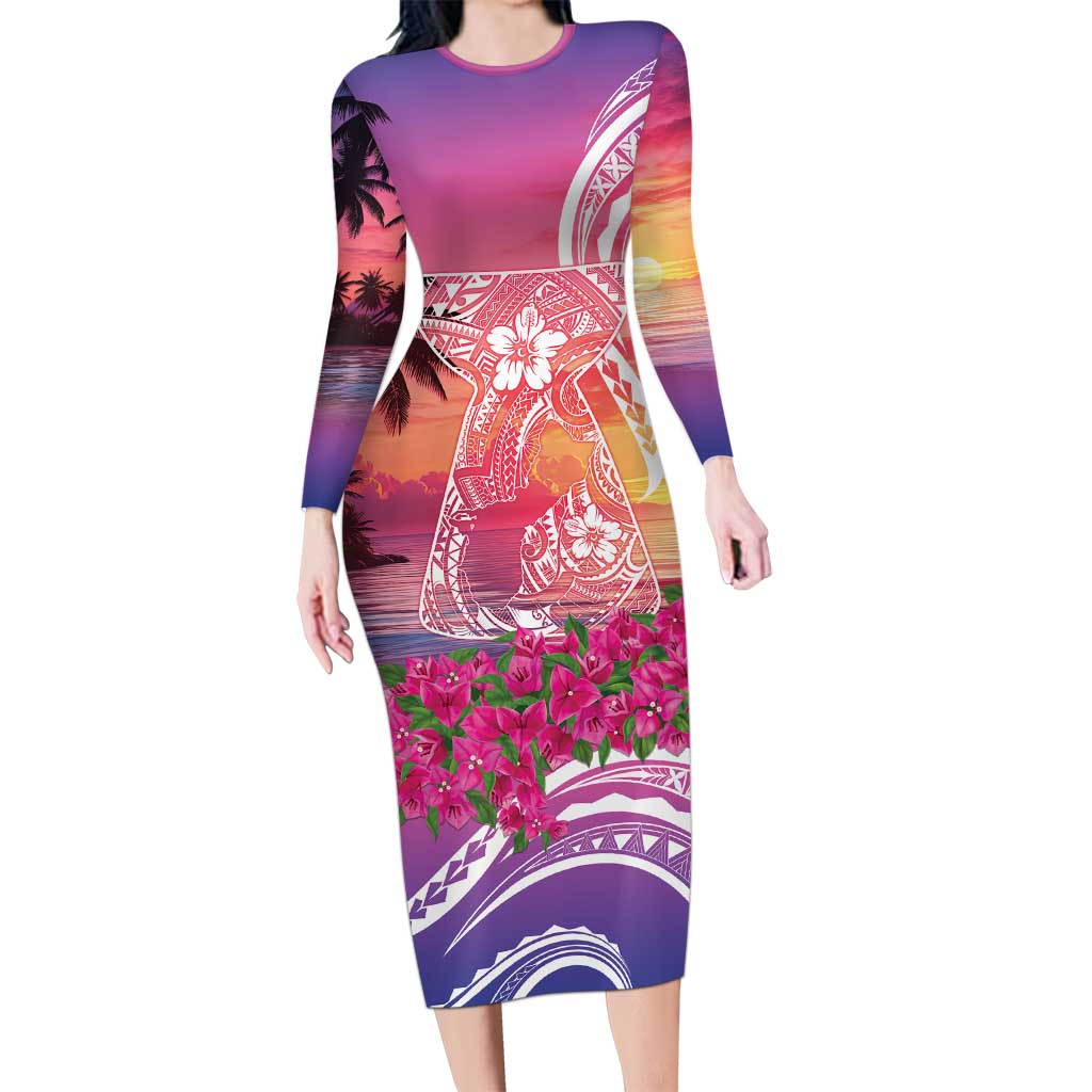 Guam Latte Stone with Map Family Matching Long Sleeve Bodycon Dress and Hawaiian Shirt Bougainvillea Beach Sunset