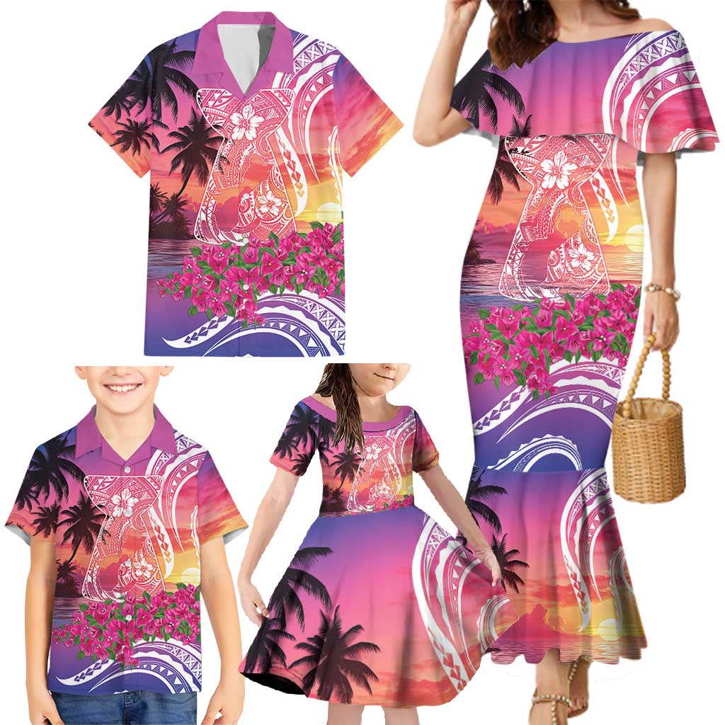 Guam Latte Stone with Map Family Matching Mermaid Dress and Hawaiian Shirt Bougainvillea Beach Sunset