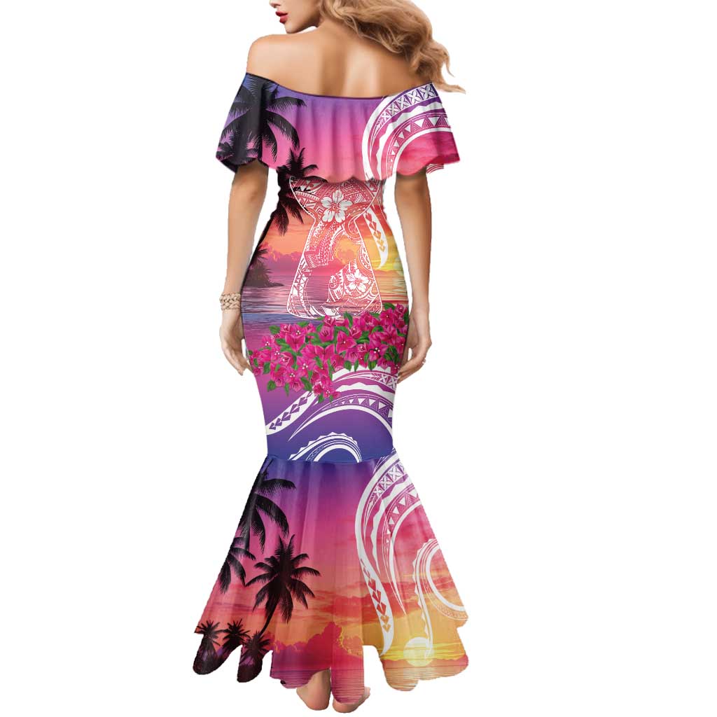 Guam Latte Stone with Map Family Matching Mermaid Dress and Hawaiian Shirt Bougainvillea Beach Sunset