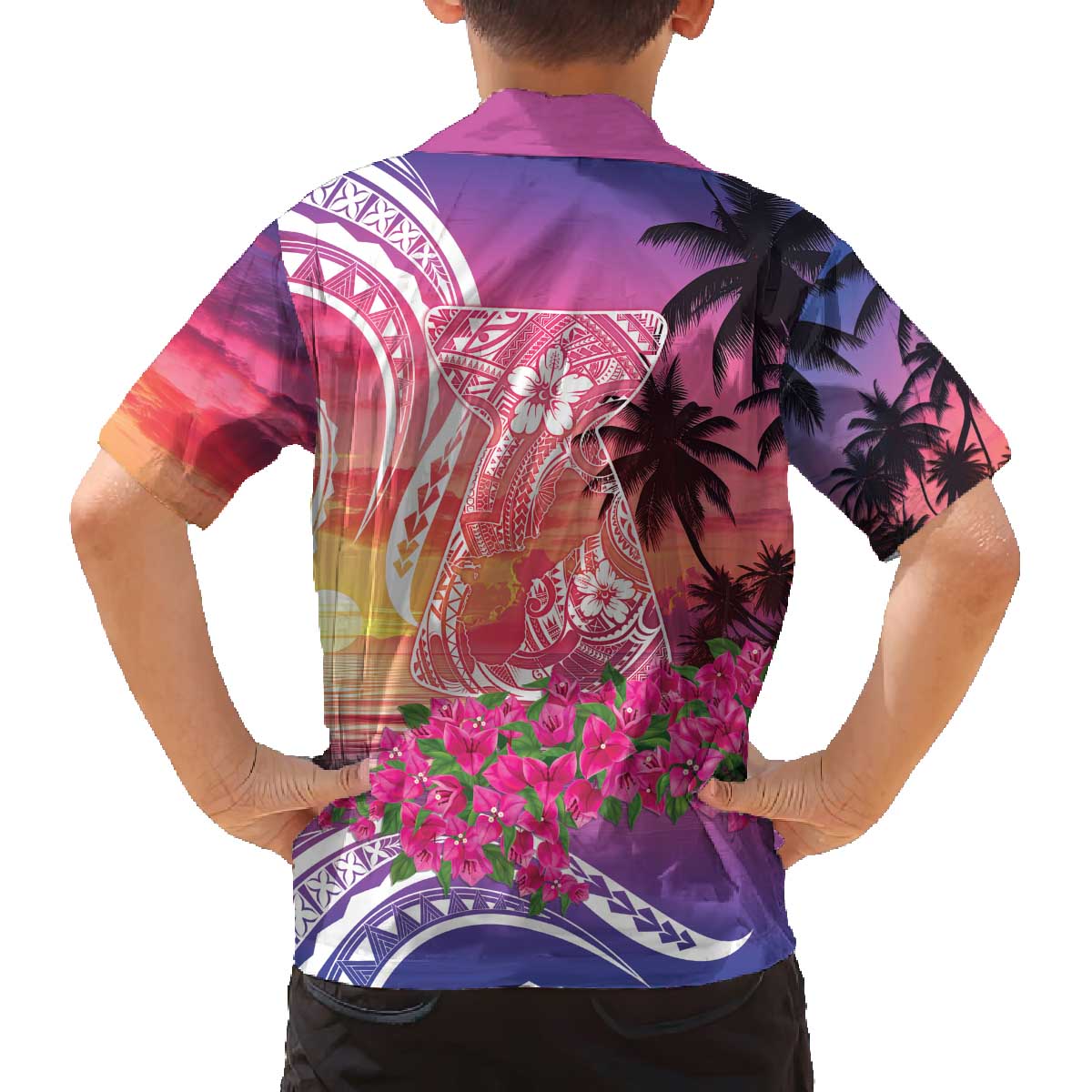 Guam Latte Stone with Map Family Matching Off The Shoulder Long Sleeve Dress and Hawaiian Shirt Bougainvillea Beach Sunset