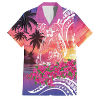 Guam Latte Stone with Map Family Matching Off Shoulder Short Dress and Hawaiian Shirt Bougainvillea Beach Sunset