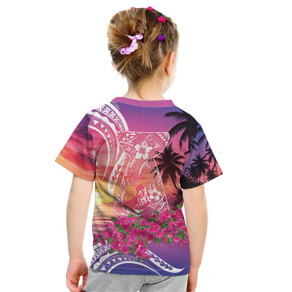 Guam Latte Stone with Map Kid T Shirt Bougainvillea Beach Sunset
