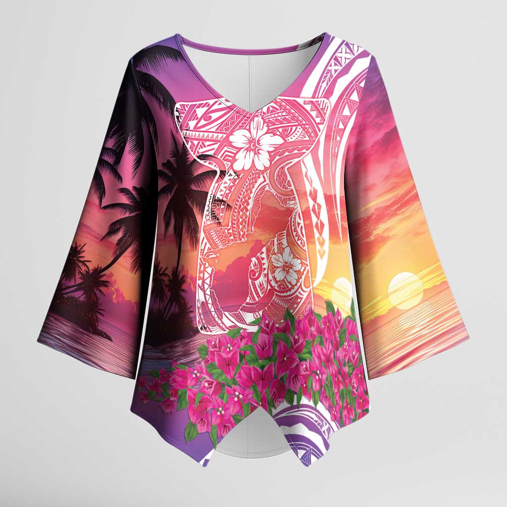 Guam Latte Stone with Map Kimono Sleeve Blouse Bougainvillea Beach Sunset - Polynesian Pride