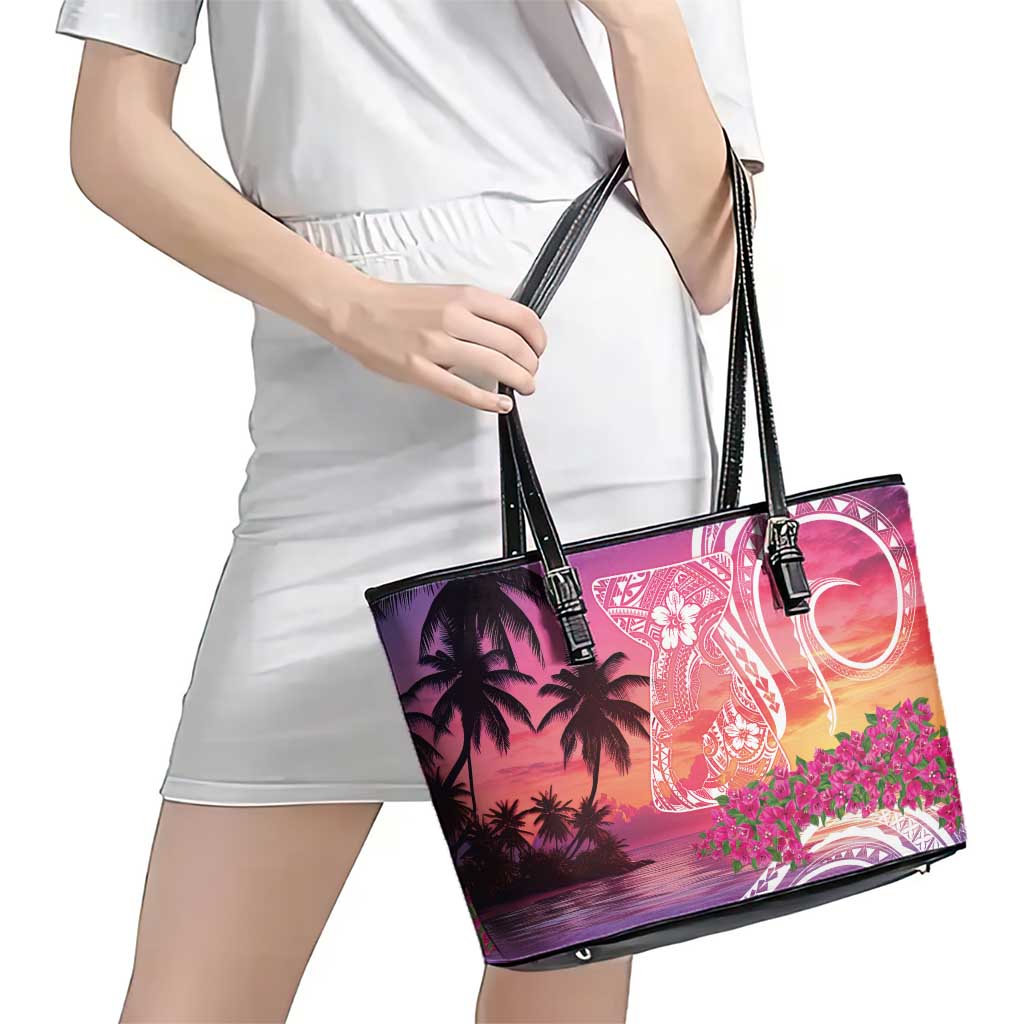 Guam Latte Stone with Map Leather Tote Bag Bougainvillea Beach Sunset