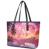 Guam Latte Stone with Map Leather Tote Bag Bougainvillea Beach Sunset