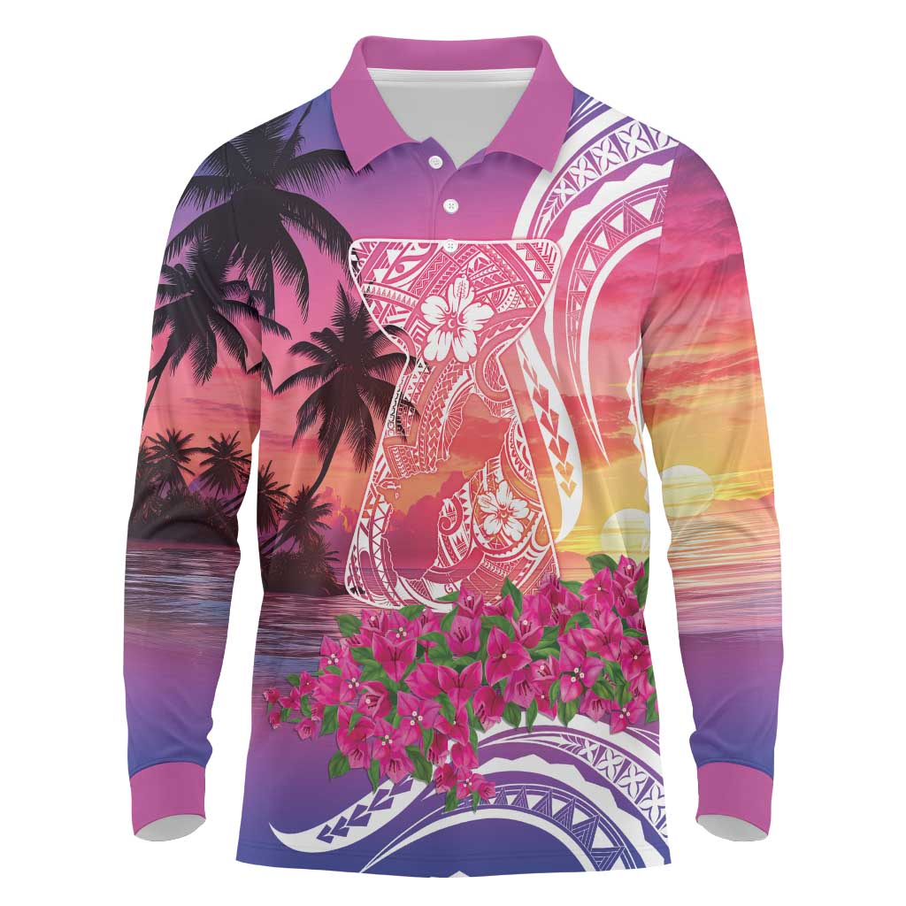 Guam Latte Stone with Map Long Sleeve Polo Shirt Bougainvillea Beach Sunset
