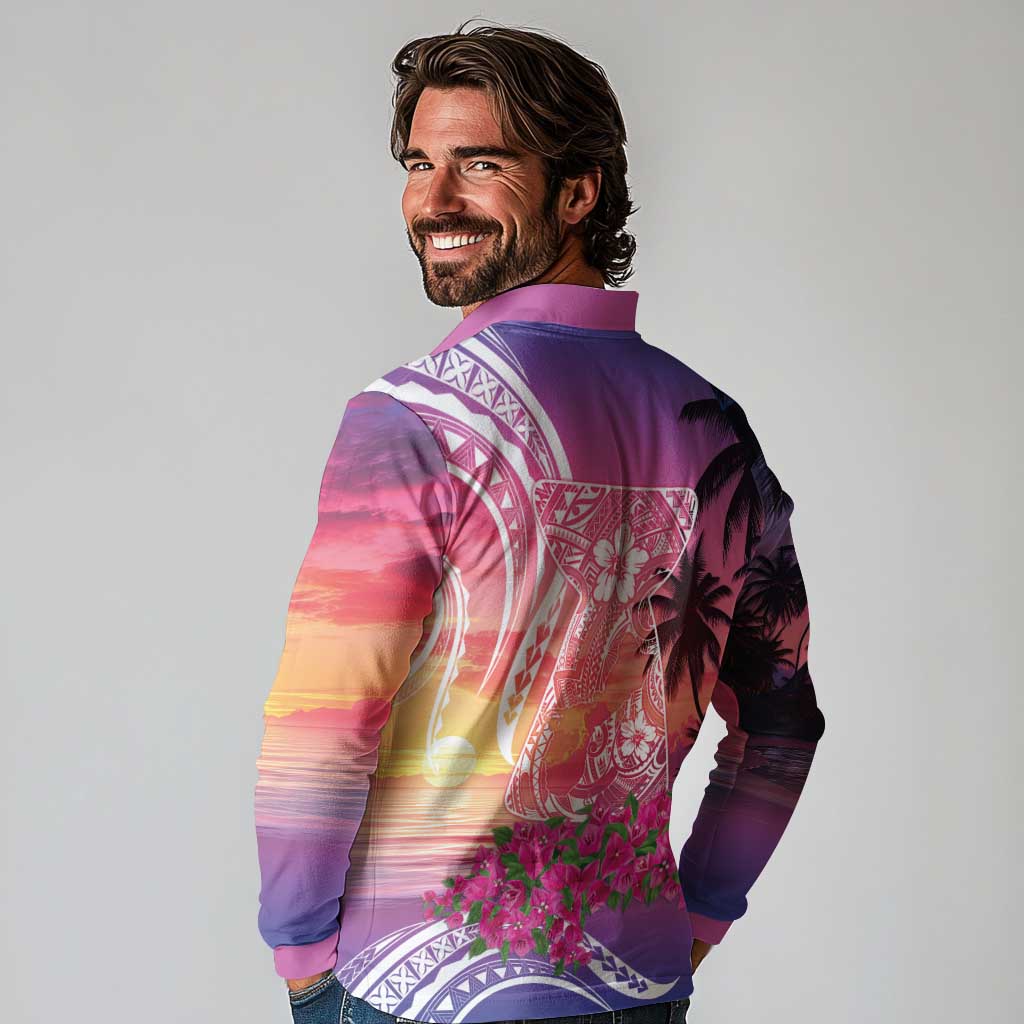 Guam Latte Stone with Map Long Sleeve Polo Shirt Bougainvillea Beach Sunset