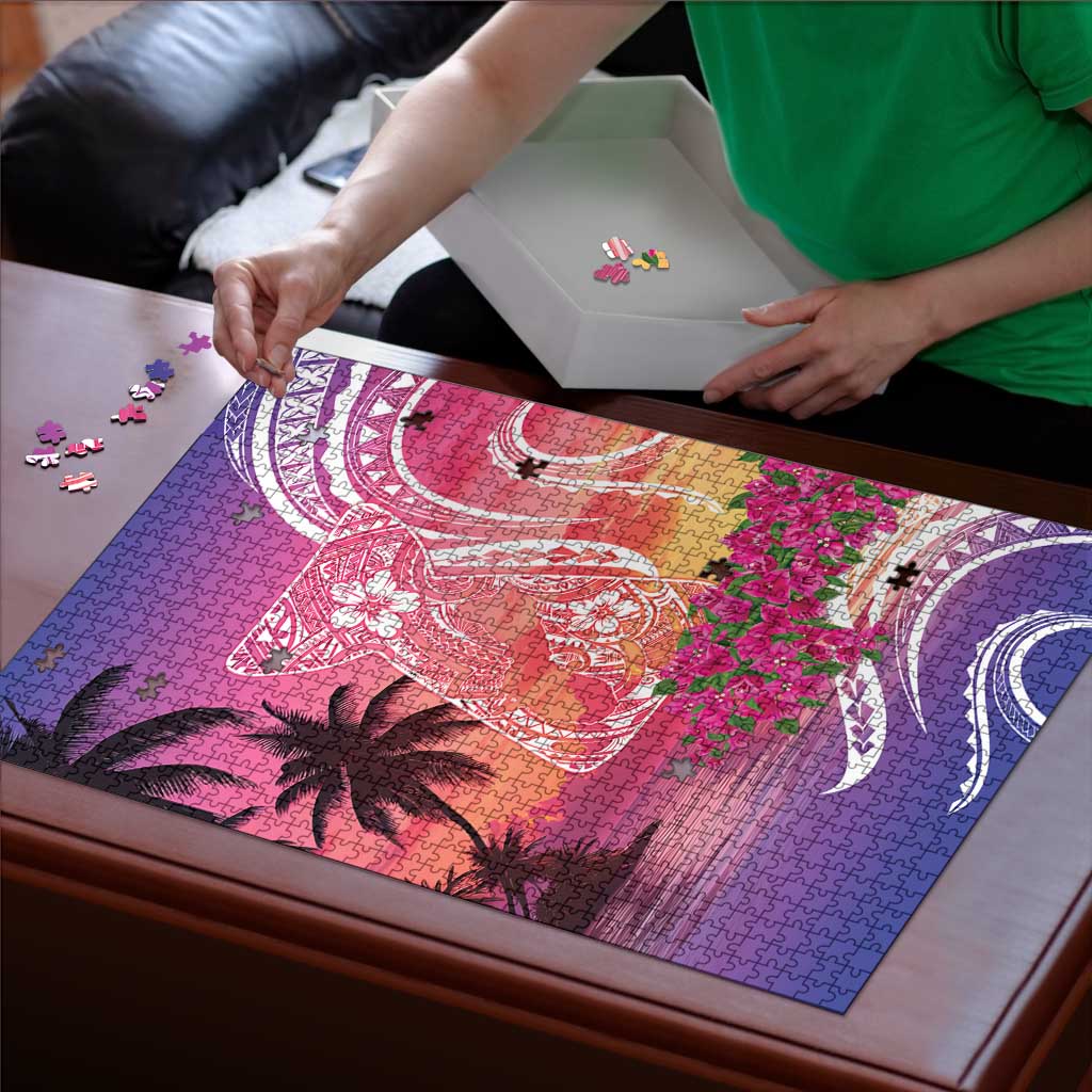 Guam Latte Stone with Map Puzzle Bougainvillea Beach Sunset - Polynesian Pride