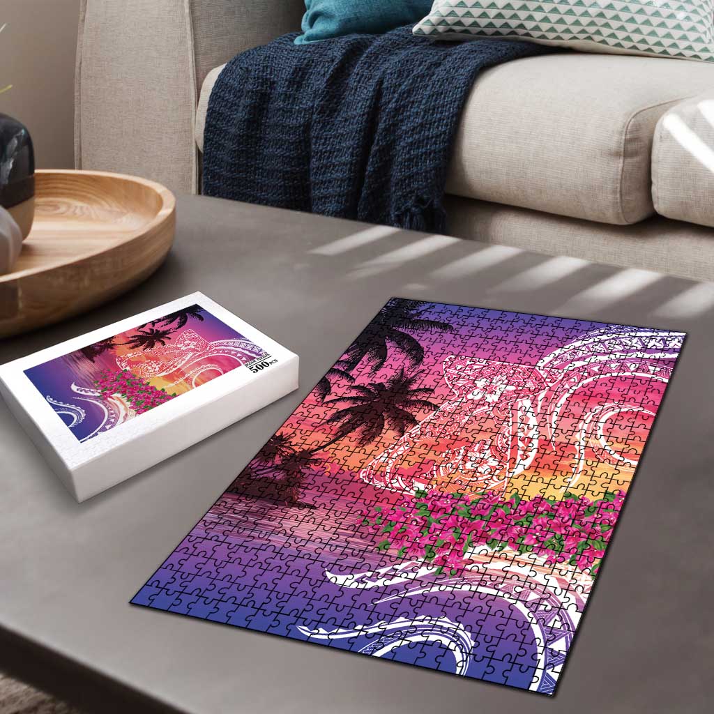 Guam Latte Stone with Map Puzzle Bougainvillea Beach Sunset - Polynesian Pride