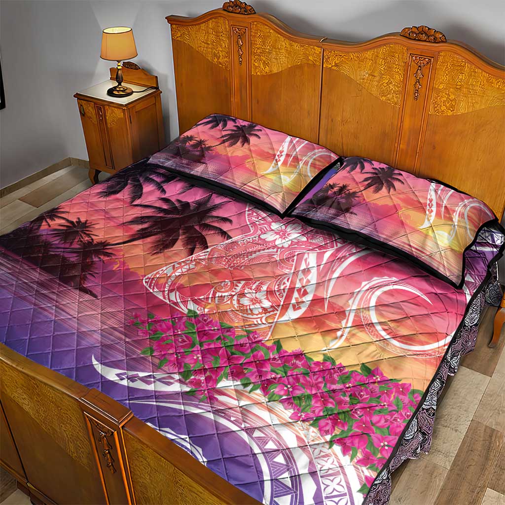 Guam Latte Stone with Map Quilt Bed Set Bougainvillea Beach Sunset