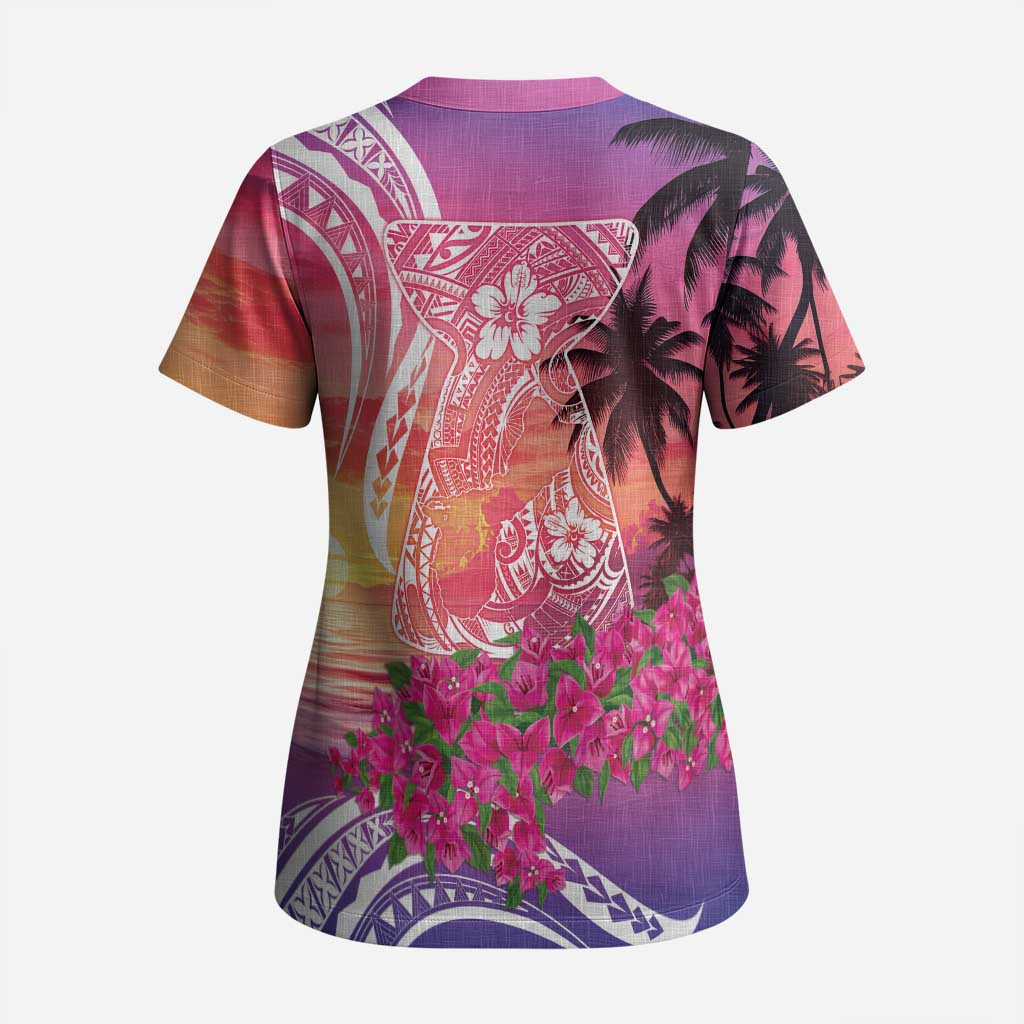 Guam Latte Stone with Map Scrub Top Bougainvillea Beach Sunset - Polynesian Pride
