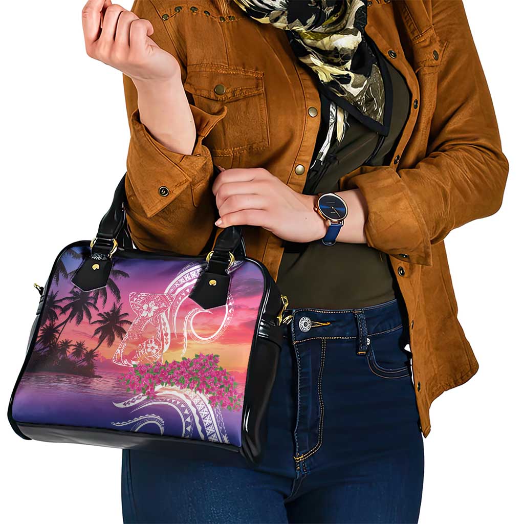 Guam Latte Stone with Map Shoulder Handbag Bougainvillea Beach Sunset