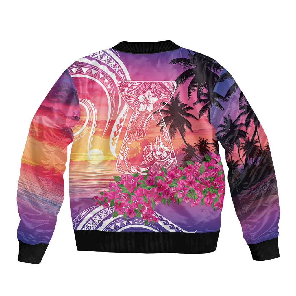 Guam Latte Stone with Map Sleeve Zip Bomber Jacket Bougainvillea Beach Sunset