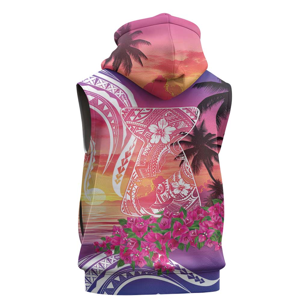 Guam Latte Stone with Map Sleeveless Zip Hoodie Bougainvillea Beach Sunset - Polynesian Pride