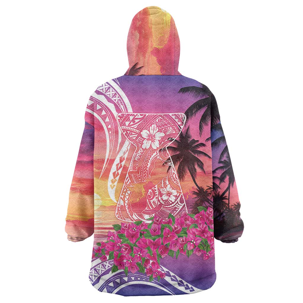 Guam Latte Stone with Map Wearable Blanket Hoodie Bougainvillea Beach Sunset