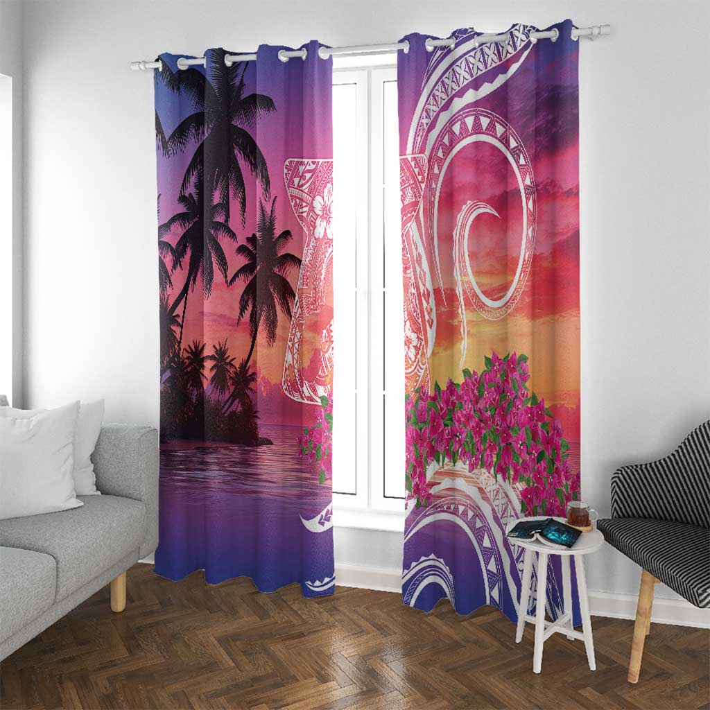Guam Latte Stone with Map Window Curtain Bougainvillea Beach Sunset