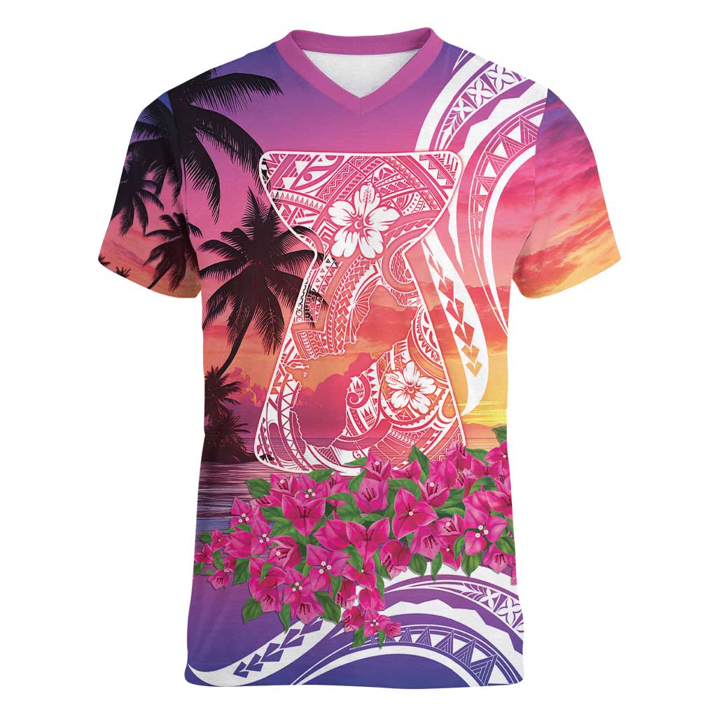 Guam Latte Stone with Map Women V-Neck T-Shirt Bougainvillea Beach Sunset
