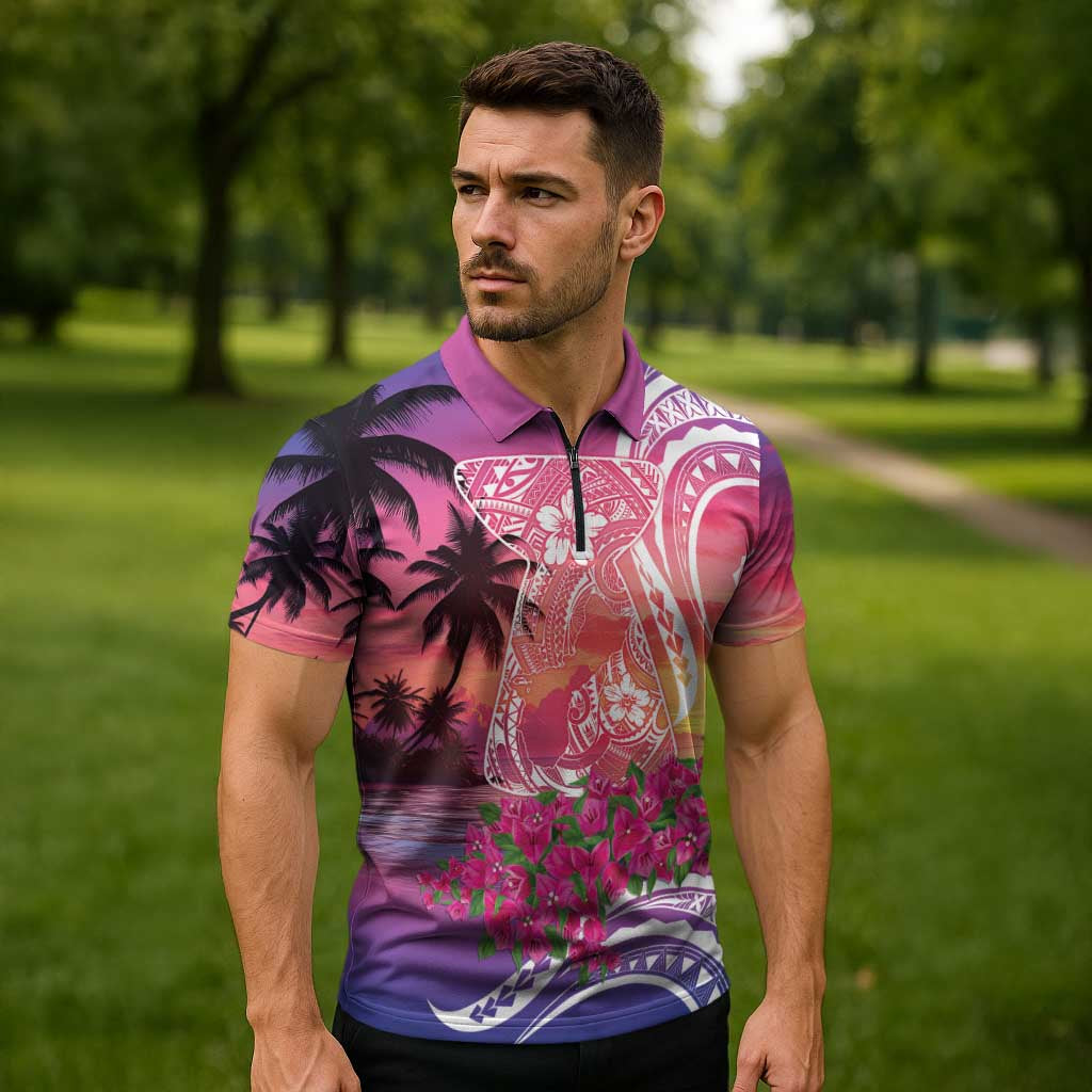 Guam Latte Stone with Map Zipper Polo Shirt Bougainvillea Beach Sunset - Polynesian Pride