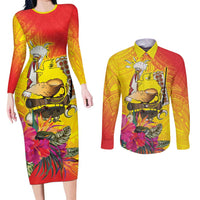 Papua New Guinea Cultural Tropical Flowers Couples Matching Long Sleeve Bodycon Dress and Long Sleeve Button Shirt