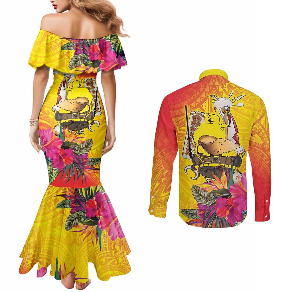 Papua New Guinea Cultural Tropical Flowers Couples Matching Mermaid Dress and Long Sleeve Button Shirt